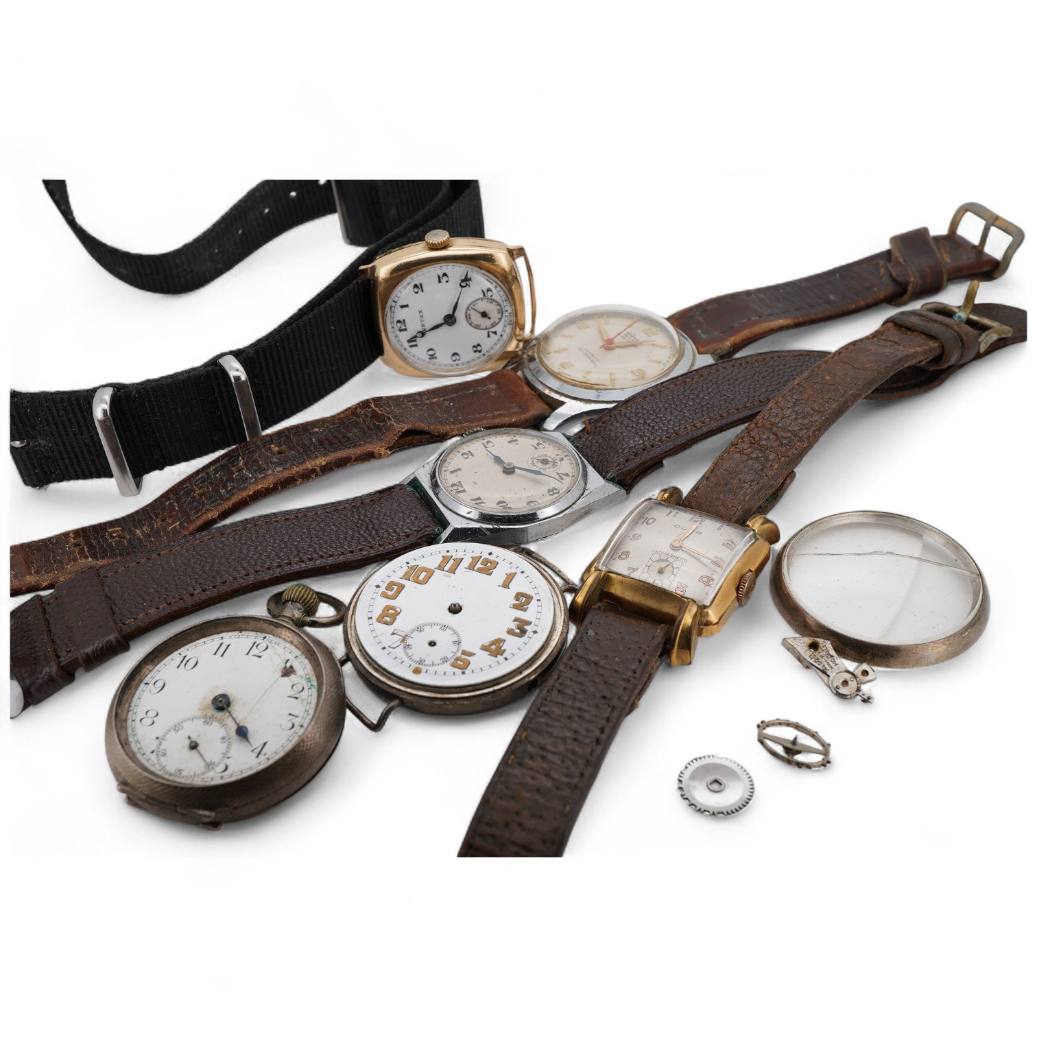 A gentleman's 1930's 9ct gold Vertex manual wind wrist watch, with Arabic dial and subsidiary seconds, case diameter 28mm, together with four other wrist watches including Geneva Sport and a silver fob watch.
